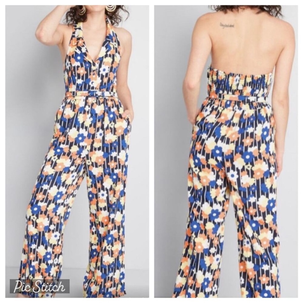 ModCloth Linen Blend Halter Floral Jumpsuit Size 1X NEW NWT